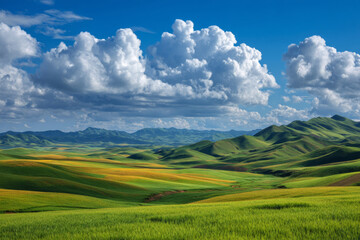 Fototapeta premium Vast grassland with snow-capped mountains under a blue sky with white clouds