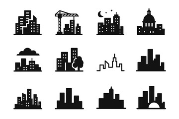 Obraz premium Historic district sunset skyline night trees vector icon minimal silhouette set