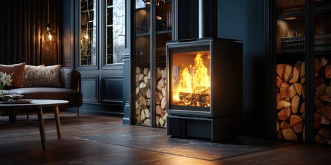 A cozy living room with a wood-burning stove, featuring dark tones and warm lighting