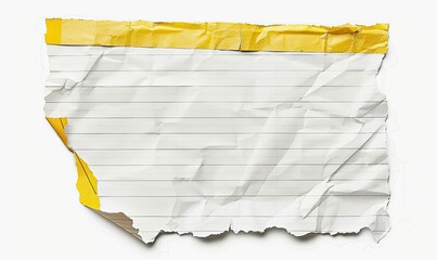 A crumpled, torn piece of lined notepad paper with yellow tape at the top and sides, isolated on a white background.  The paper shows creases and irregular edges
