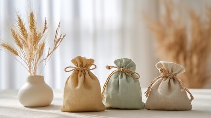 Three decorative fabric pouches in soft colors sit on a table, accompanied by a simple vase holding dried wheat, creating a serene and artistic atmosphere.
