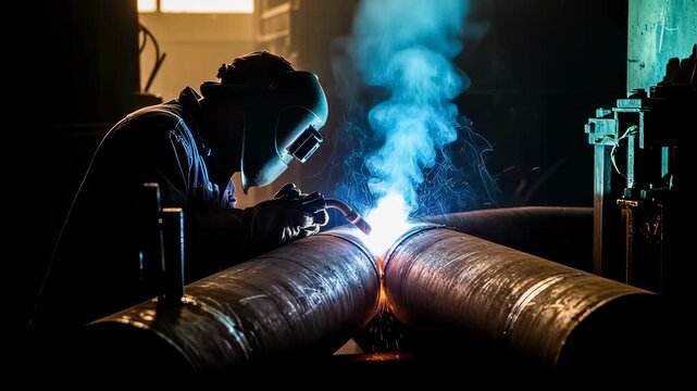 Male worker performing pipe welding in a dark industrial factory setting, creating sparks and smoke, industrial process video