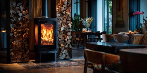 A modern wood-burning stove in a cozy restaurant