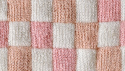 Knitted fabric with a repeating checkerboard pattern of soft peach, blush pink, and cream