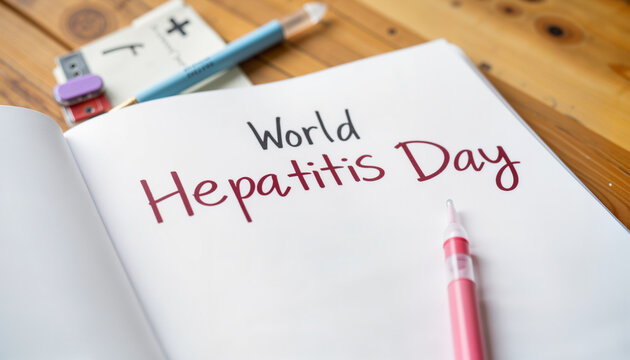 World Hepatitis Day written in notebook with pink pen on wooden table  