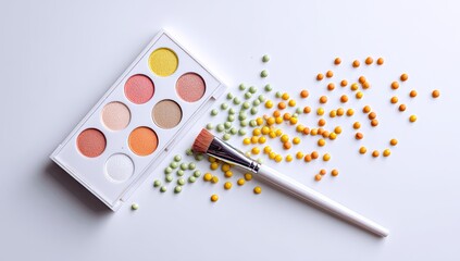White makeup palette, brush, and colorful beads