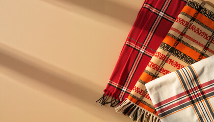 Colorful plaid blankets arranged on a neutral background  