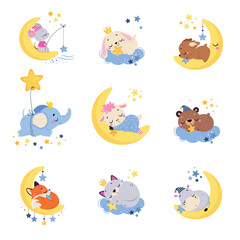 Moon with Animal Sleeping Have Sweet Dreams Vector Set