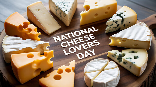 Assorted cheeses arranged on a wooden board with 'National Cheese Lovers Day' text