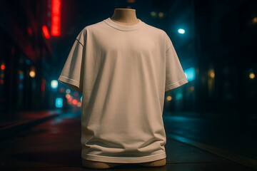 Oversized Cotton T-Shirt Mockup – Ground-Up Cinematic Angle, Neon City Background