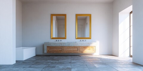 Bright, modern bathroom with gold framed mirrors and a wooden vanity