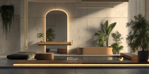Modern, minimalist bathroom with a soaking tub, natural light, and greenery