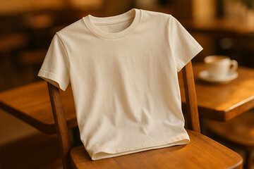 Casual Cotton T-Shirt Mockup – Table-Top Drift Angle, Café Background