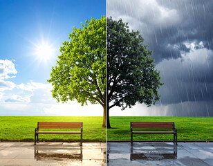 Concept of change, contrast between sunny and stormy weather