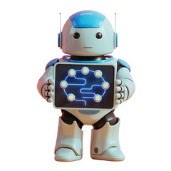 Cute friendly robot holding a screen displaying a glowing blue digital brain circuit