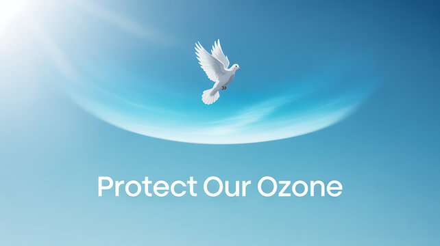 White dove flying above a curved ozone layer with the message 'Protect Our Ozone' against a clear blue sky