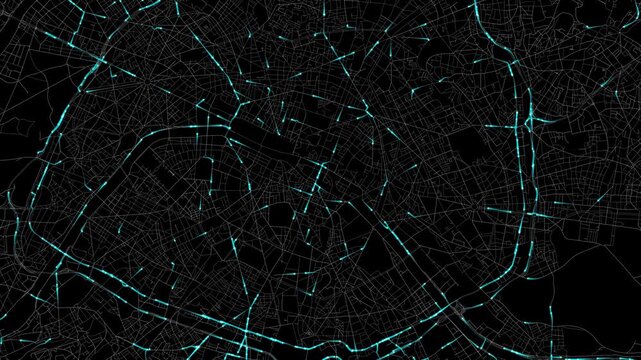Urban Traffic Flow Map Simulation in Paris, France, GPS Smart city route Transportation
