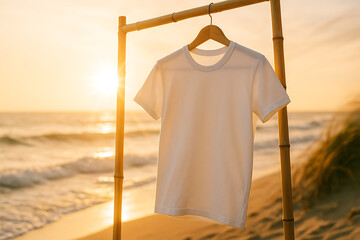 Light Cotton T-Shirt Mockup – Sun Flare Angle, Ocean & Bamboo Background