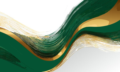 Dynamic abstract background with elegant green and gold flowing waves and luxurious brush strokes, modern graphic design