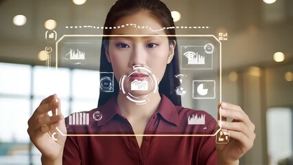 Confident businesswoman interacting with futuristic holographic data displays in a modern office setting, visualizing growth and success. - Powered by Adobe