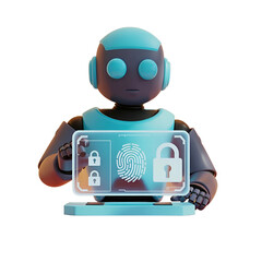 Friendly robot character displaying digital security and data protection on a transparent screen