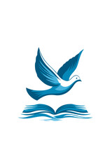 Naklejka premium Graphic illustration of a blue dove flying above an open book, symbolizing peace, learning, freedom, spirituality, and wisdom.