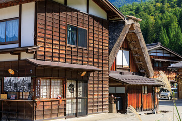 白川郷の合掌造りと木造家屋が並ぶ夏の風景
