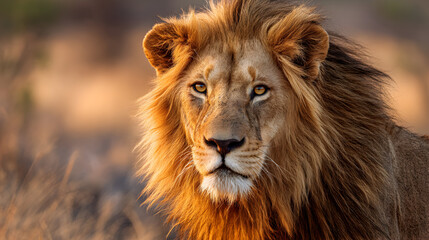 Obraz premium Majestic male lion with a powerful gaze bathed in golden light