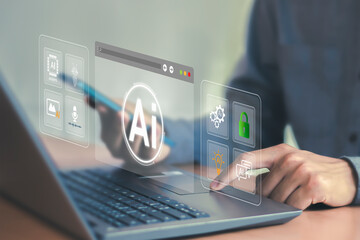 Man using laptop with virtual icons of AI, artificial intelligence, data analytics,learning and digital technology for business automation and AI technology strategy.