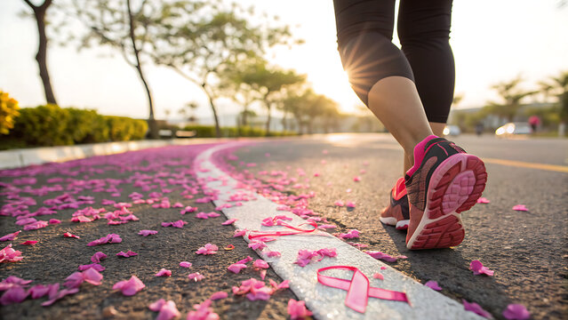 running on the road, A close-up of a runner's foot stepping onto a vibrant path decorated with pink petals in a sunny outdoor setting. Breast Cancer, Breast Cancer Awareness