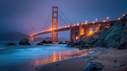 Iconic suspension bridge with glowing lights reflecting on ocean at night, featuring rocky beach and serene coastal landscape near San Francisco, perfect for wallpaper or poster
