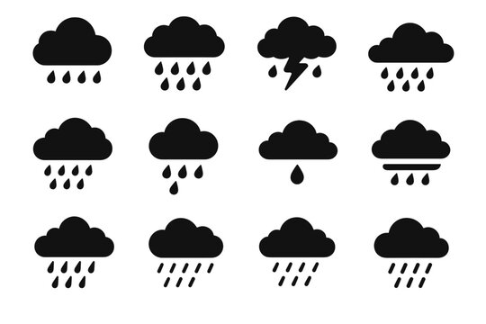Raindrops vector rain icon single dark shape dense flat cloud falling