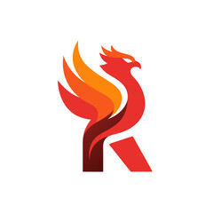 Naklejka premium Dynamic K letter logo with fiery phoenix bird and vibrant flame wings. Modern abstract graphic design symbol for branding.
