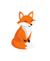 Obraz premium Cute cartoon fox illustration sitting, a happy and adorable wild animal character with orange fur and a sweet smile, isolated on white.