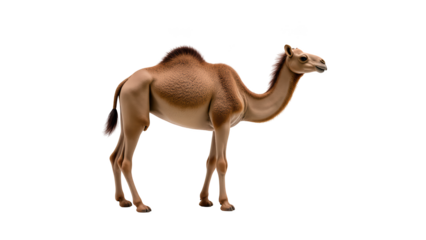 Realistic camel standing gracefully, showcasing its distinctive features and texture. animal exudes calm presence, perfect for desert landscapes