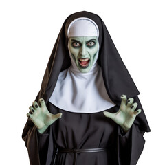 Scary zombie nun reaching out on transparent background