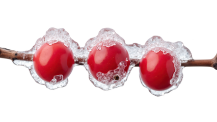 Fresh red berries encased in ice, showcasing unique and striking visual contrast. glistening ice adds touch of elegance to vibrant fruit