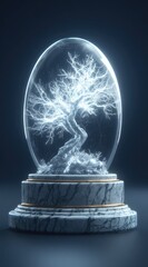 A glowing, ethereal bonsai tree encased in a crystal orb, atop a polished marble pedestal.