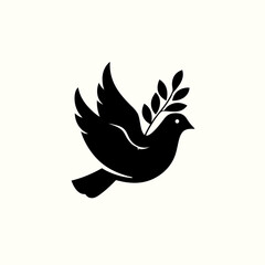 Fototapeta premium Black silhouette of a flying dove holding an olive branch, symbolizing peace, freedom, and spirituality. Simple vector illustration icon.