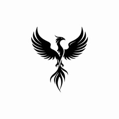 Fototapeta premium Powerful black phoenix silhouette vector art, mythical bird with spread wings, symbol of rebirth, strength, and eternity.