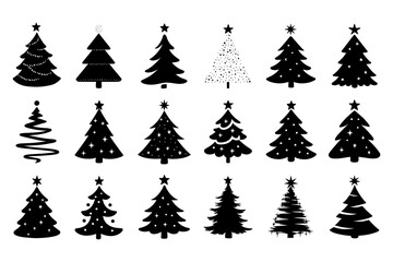 Christmas tree silhouette set with decorative variations and star toppers, Transparent Background