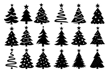 Christmas tree silhouette set with decorative variations and star toppers, Transparent Background