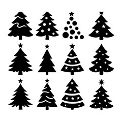 Christmas tree silhouette set with decorative variations and star toppers, Transparent Background