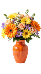 Obraz premium Bright and colorful bouquet featuring orange gerbera daisies, yellow sunflowers, and pink roses vibrant orange vase, perfect for uplifting any