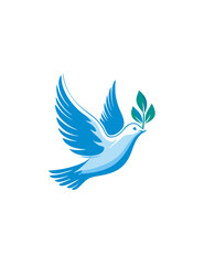 Obraz premium Stylized blue dove flying with a green olive branch in its beak, a universal symbol of peace, hope, and freedom on white background.