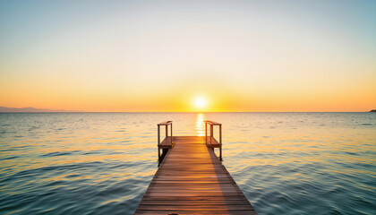 Wooden pier extending into calm waters at sunset over the ocean  