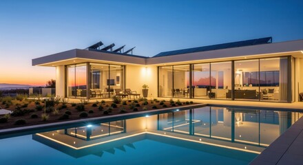 Fototapeta premium Luxury Modern Home with Swimming Pool at Twilight. A stunning modern luxury home with large glass windows is showcased at twilight