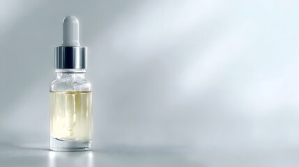 A clear glass dropper bottle filled with golden serum or oil presented in a minimalist studio setting with soft lighting and shadows