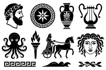 Ancient Greek culture symbol set with gods, architecture, and mythology icons, Transparent Background