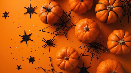 Halloween Flat Lay with Orange Background: Several Whole Pumpkins, Intricate Black Spider Webs, Tiny Black Star Cutouts, Scattered Glittery Specks, Hyper-Detailed Textures (Smooth Pumpkin Surfaces, De